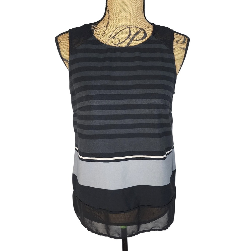 BANANA REPUBLIC Size Small Black & Gray Striped Chiffon Trim Casual Tank Top